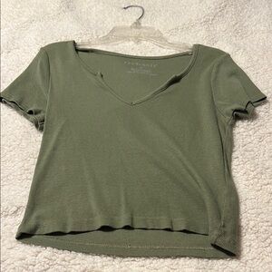 Olive Green V-Neck Ribbed Women's Top